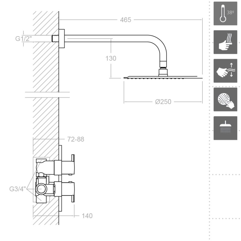 Встраиваемая термостатическая душевая система с тропическим душем DRAKO K3324012