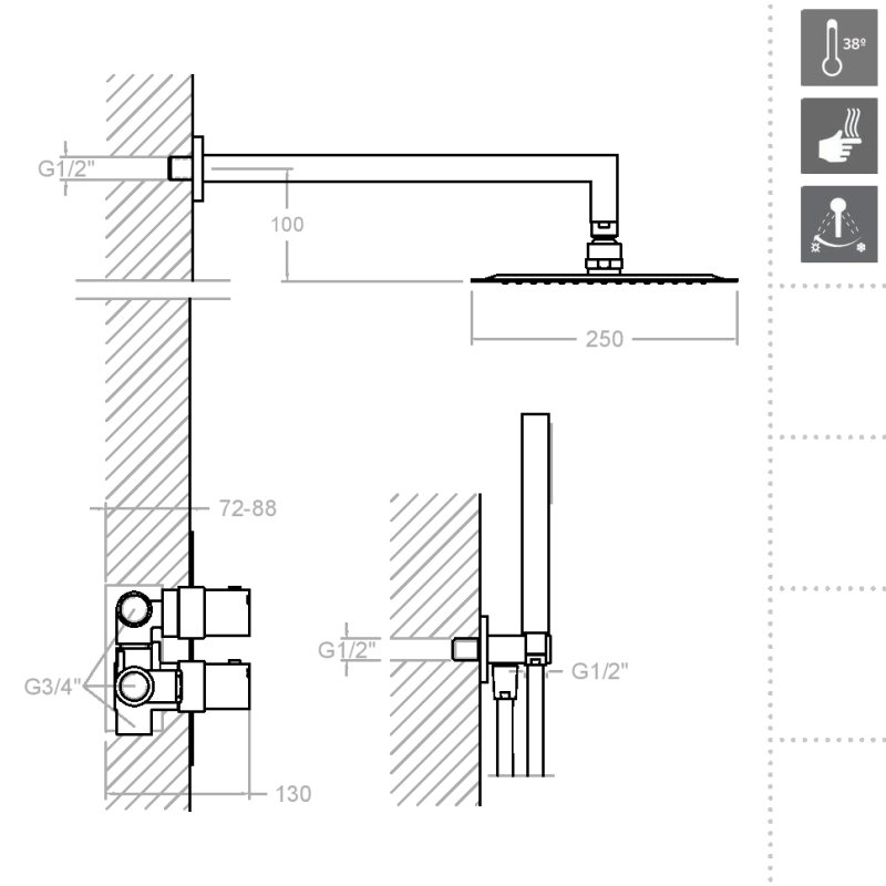 Встраиваемая термостатическая душевая система с тропическим душем и душевым комплектом KUATRO K4787011