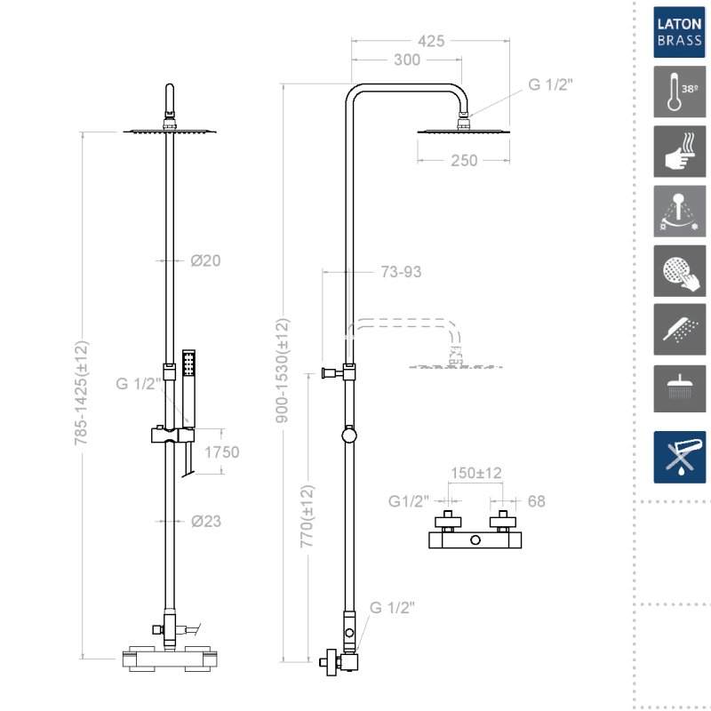 Душевая термостатическая система наружнего монтажа с телескопическим тропическим душем и душевым комплектом KUATRO 4754RK250