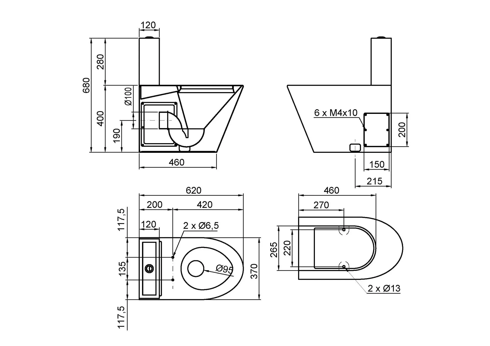 Унитаз из нержавеющей стали со сливным баком 680х370х620 матовый, Nofer 13016.S