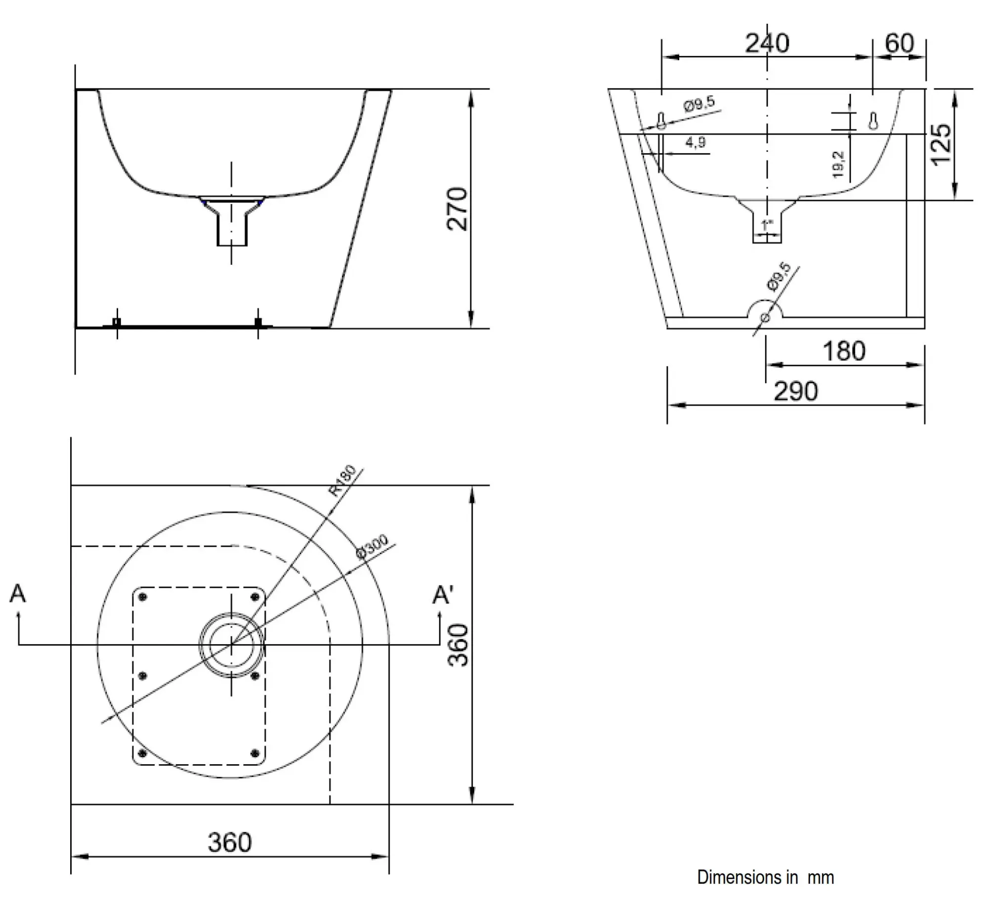 Раковина из нержавеющей стали угловая антивандальная полукруглая Nofer 13036.CLR.S
