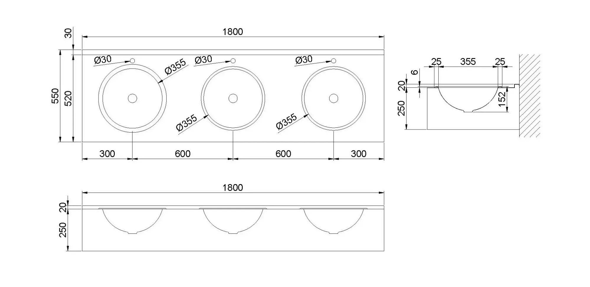 Раковина Wash накладная 3 раковины Nofer 13081.3.S