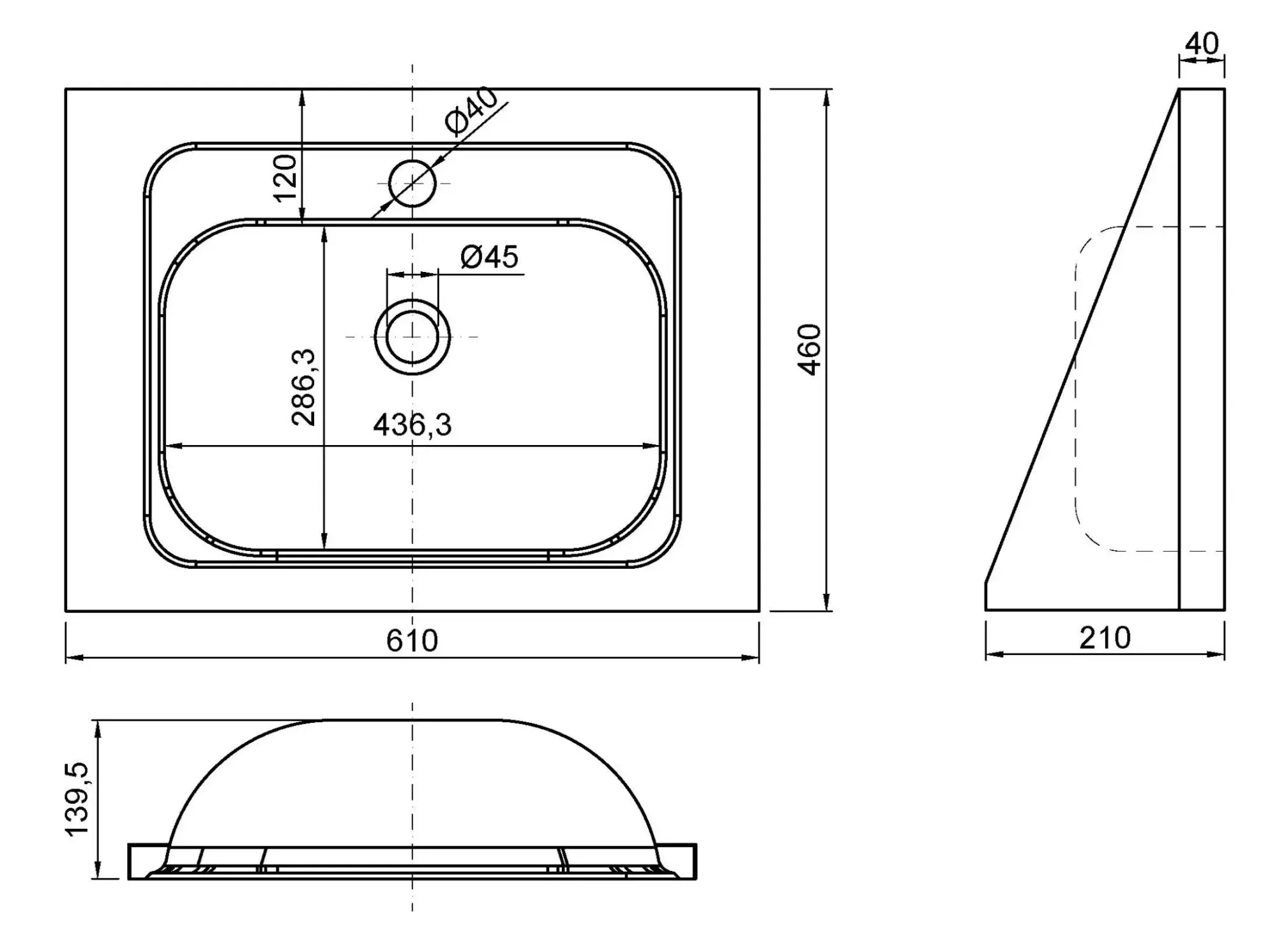 Раковина из нержавеющей стали настенная  прямоугольная  с отверстияем от перелива Nofer 13033.S