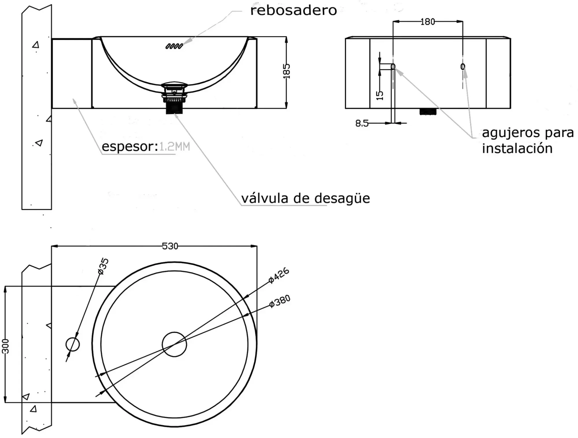 Раковина из нержавеющей стали настенная круглая с окантовкой Nofer 13062.S