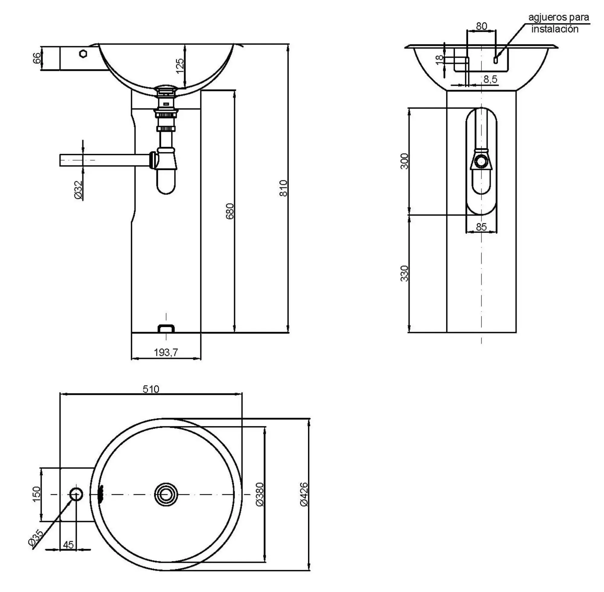 Раковина с пьедесталом без смесителя 810х426х510 матовая, Nofer 13063.S